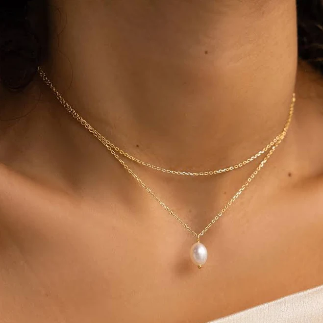 Caitlyn Minimalist Dainty Duo Chain Layered Pearl Necklace