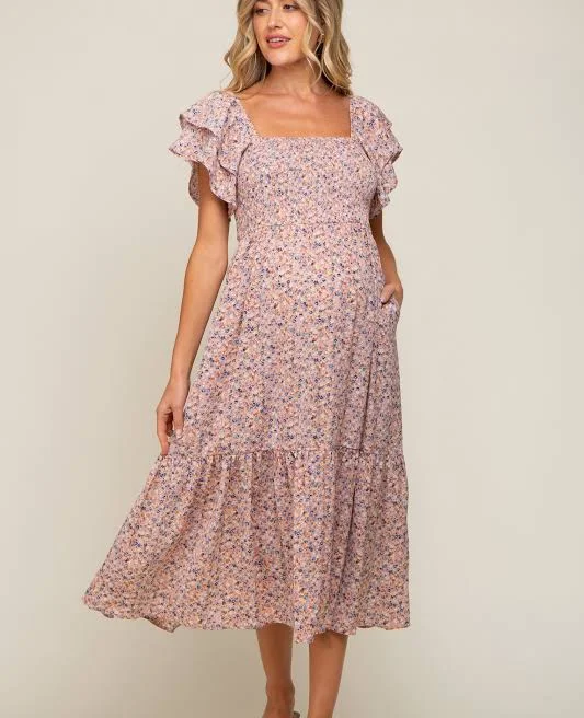 Pinkblush Floral Flutter Maternity Midi Dress