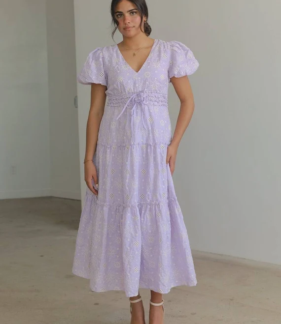 Eyelet Lace Puff Sleeve Midi Dress