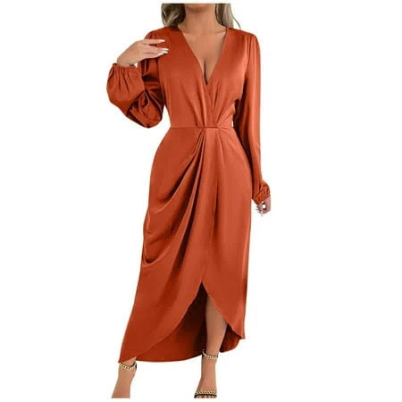 Women's Wrap V Neck Long Sleeve Pleated Satin Midi Dress