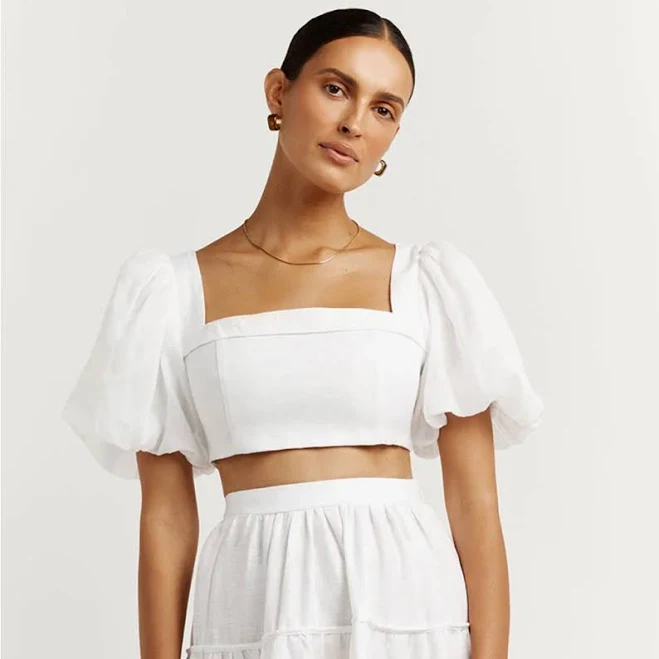 Dissh Tops | Dissh White Puff Sleeve Square Neck Crop Top | Color: White | Size: 4 | Moondust157's Closet