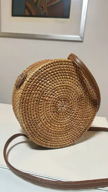 Handwoven Round Rattan Crossbody Bag With Leather Trim | Resort Luxe