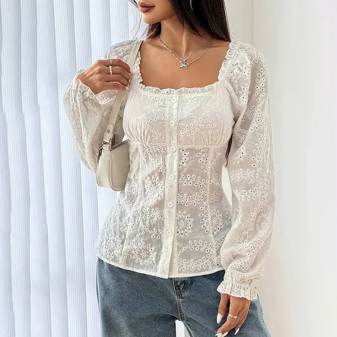 Women's Square Neck Puff Sleeve Lace Blouse