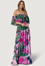 Azalea Off Shoulder Maxi Dress | Green + Fuchsia Floral