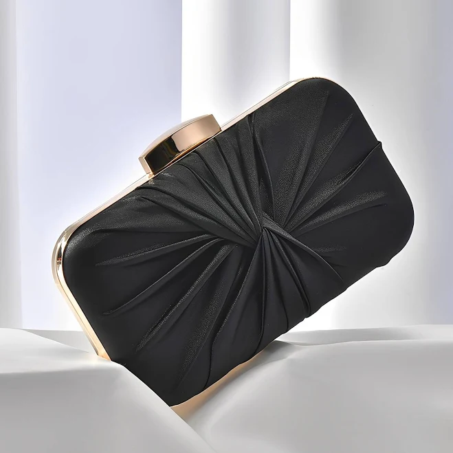 Ruched Satin Evening Clutch Bag with Removable Chain