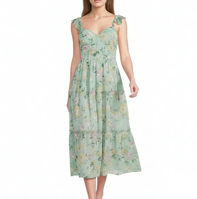 B. Darlin Juniors Floral Chiffon Sweetheart Neck Flutter Sleeve Midi Dress