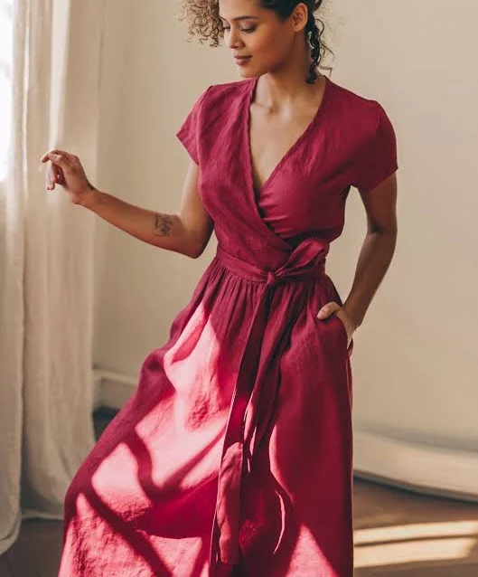 Women's Linen Wrap Midi Dress with Pockets