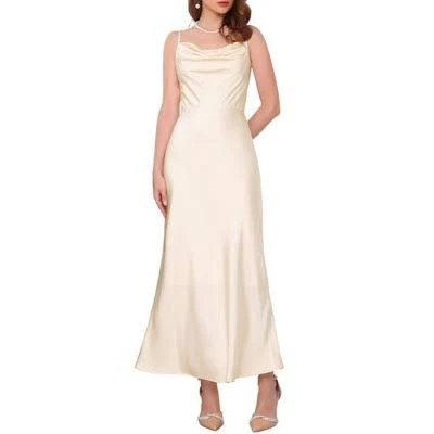 Inspire Chic Women's Satin Spaghetti Strap Cowl Neck Ruched Midi Dress