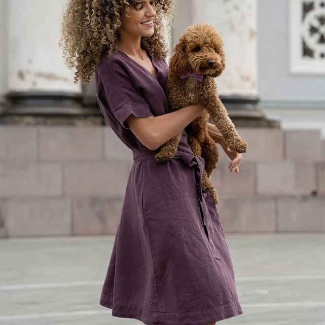 menique Natural Linen Wrap Dress Midi