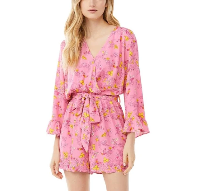 Scoop Women's Tie Waist Romper with Ruffle Sleeves