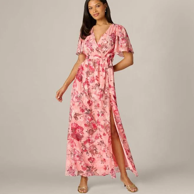 Flutter Sleeve Floral Print Embroidered Wrap Maxi Dress