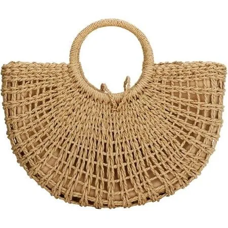 Women's Bohemian Round Rattan Top-Handle Straw Tote Bag