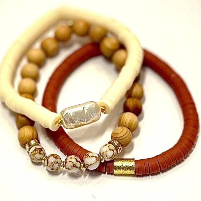 Earthy Neutral Wood & Heishi Beaded Bracelet Stack