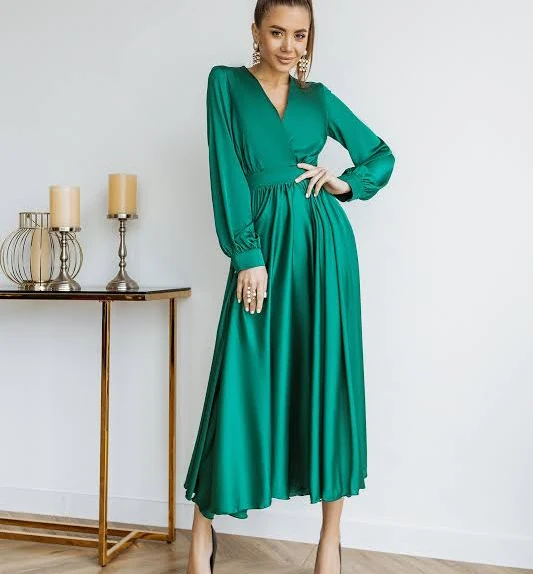 Emerald Silk Long Sleeve Maxi Dress