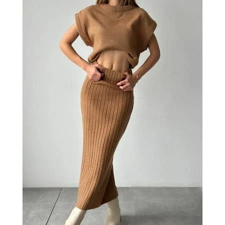 Womens Elegant Knit Two-Piece Set Cap Sleeve Crop Top & High-Waisted Midi Skirt, Soft Ribbed Fabric, Viscose Blend, Chic Matching Outfit, Women's,