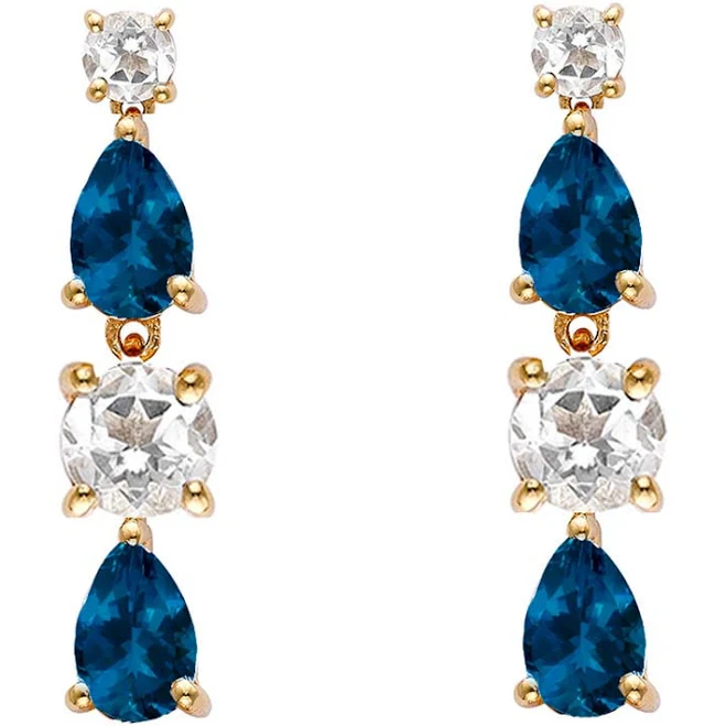 Short Teal Topaz and White Topaz Drop Earrings in Yellow Gold Yellow Gold