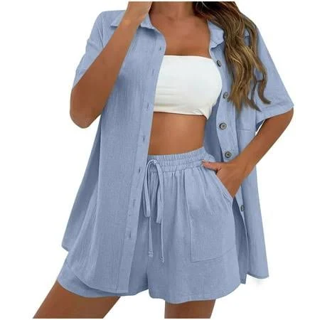Uamvsh Cotton Linen Shorts Sets for Women 2 Piece Casual Outfits Classic Short Sleeve Button down Shirts with Drawstring Shorts(Medium,Light Blue 1),