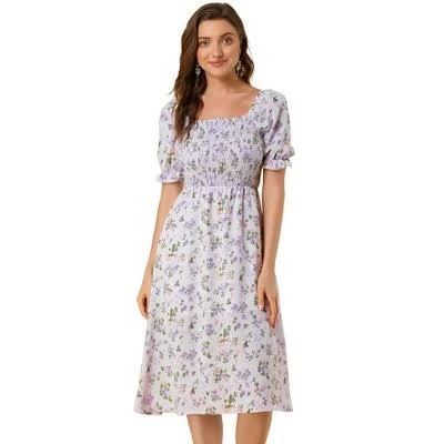 Allegra K Women's Cottagecore Floral Square Neck Puff Sleeve Midi Smocked