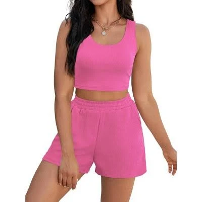 ATHLECHIC Women's Ribbed Knit Crop Tank Tops Short Sets with Pockets Travel Outfits 2 Pcs