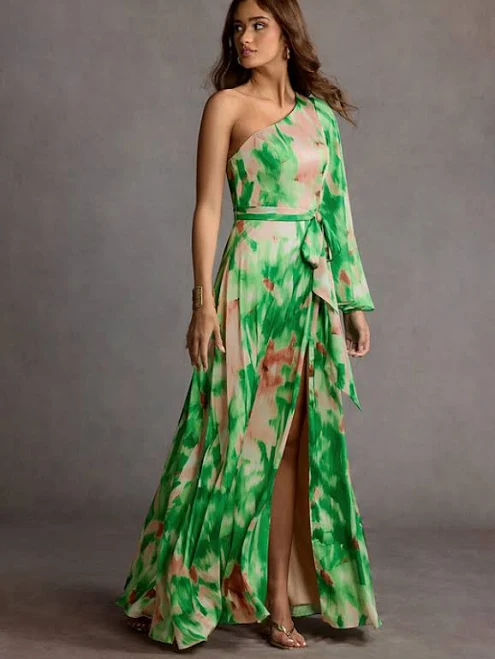 Azazie One Shoulder A-Line Floor-Length Rainforest Print Party Dress