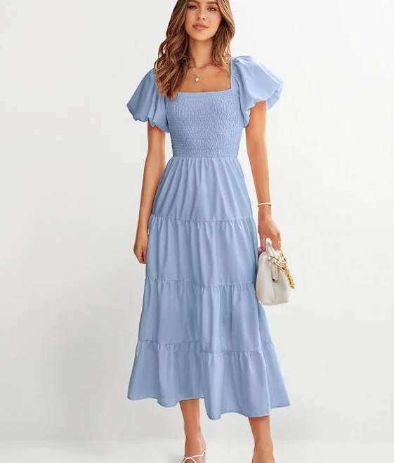 Prettygarden Women's Puffy Short Sleeve Square Neck Smocked Tiered Ruffle Dress