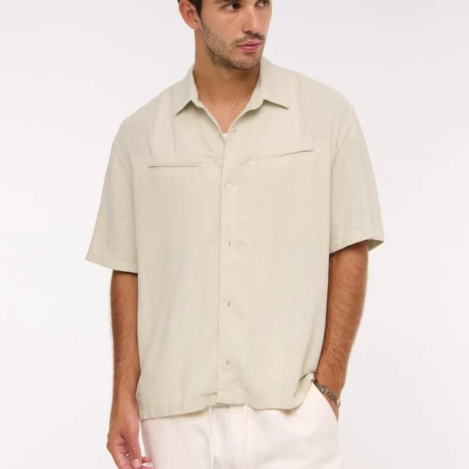 Abercrombie & Fitch Men's Linen-Blend Short-Sleeve Button-Up Shirt