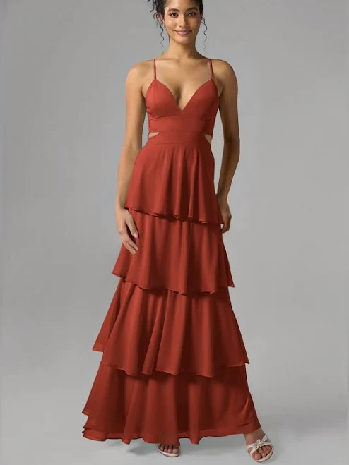 AW.Bridal A-line V-Neck Floor Length Sleeveless Chiffon Pleat Ruffles Tiered Long Bridesmaid Dresses