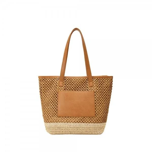 Woven Straw Tote Bag with Vegan Leather Accents