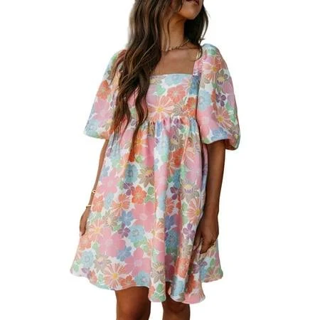 Women's Floral Square Neck Puff Sleeve Babydoll Dress