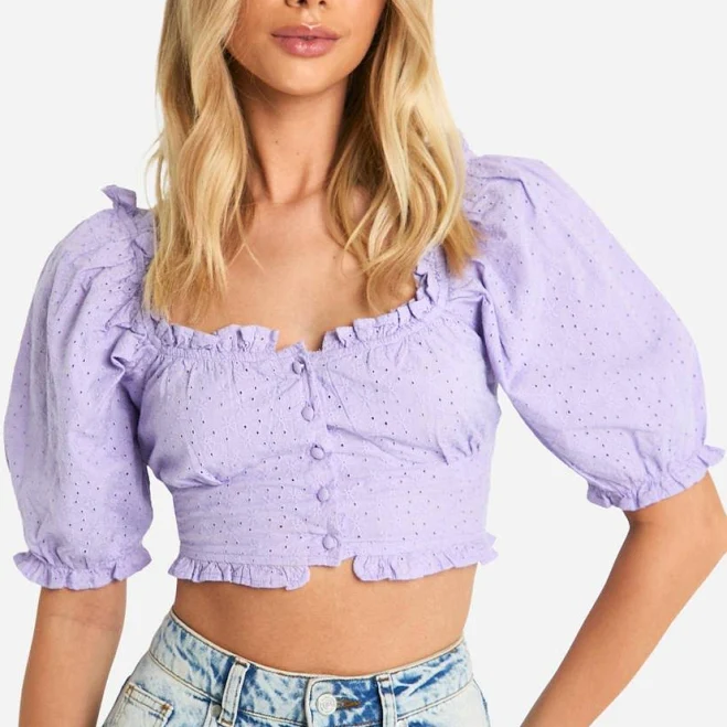 Boohoo Women's Broderie Puff Sleeve Milkmaid Crop Top
