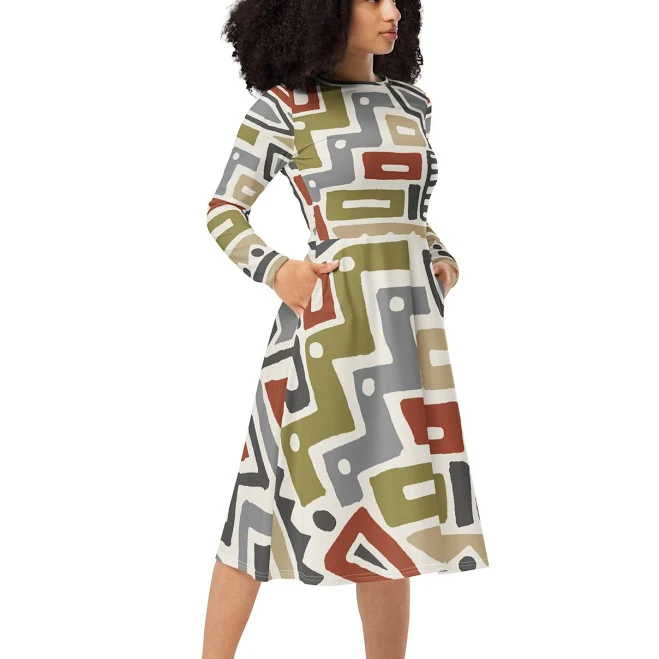 Long-sleeve Midi Dress – Olive Terracotta Abstract Print