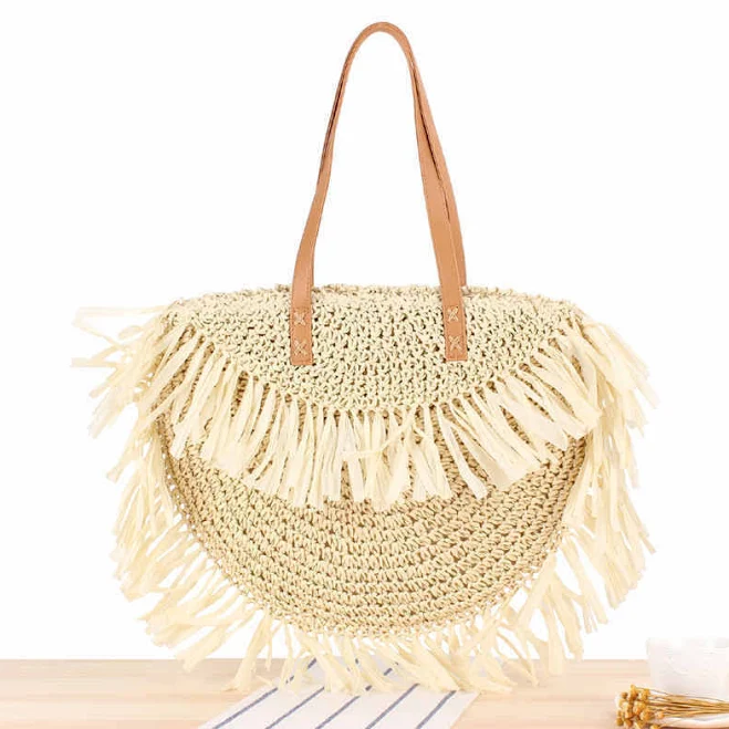 Fringed Woven Straw Shoulder Bag