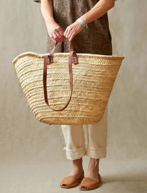 Stylish French Market Basket Bag with Leather Accents