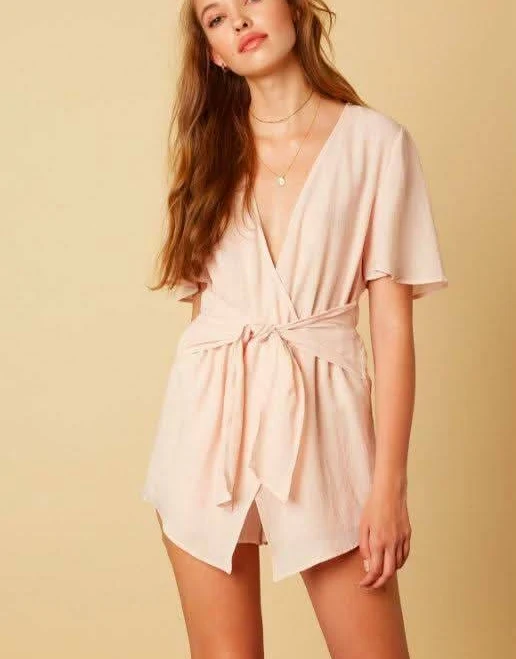 Cotton Candy La Falling for You Plunging Neckline Flutter Sleeve Romper