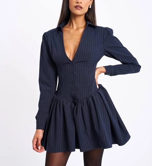 Miss Circle Women's Xabrina Navyblue Pinstripe Long Sleeve Shirt Mini Dress
