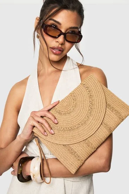 Boohoo Women's Raffia Fold Over Clutch Bag