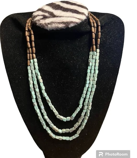 Multi-strand Necklace Turquoise And Brown Bead Stone Wood Multi-layer