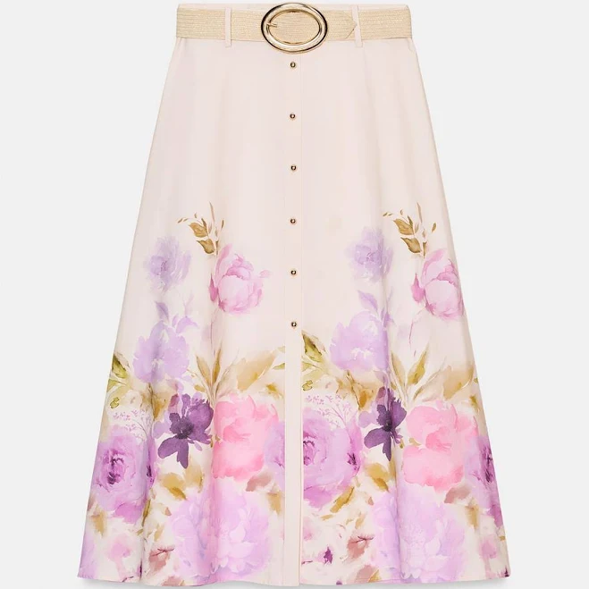 Zara Floral Print Belted Midi Skirt