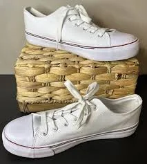 Uni-sex Classic White Canvas Sneakers with Red Stripe Trim