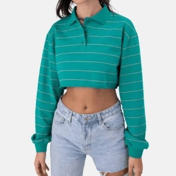 Adika Jones Green Crop Striped Collar Polo Shirt
