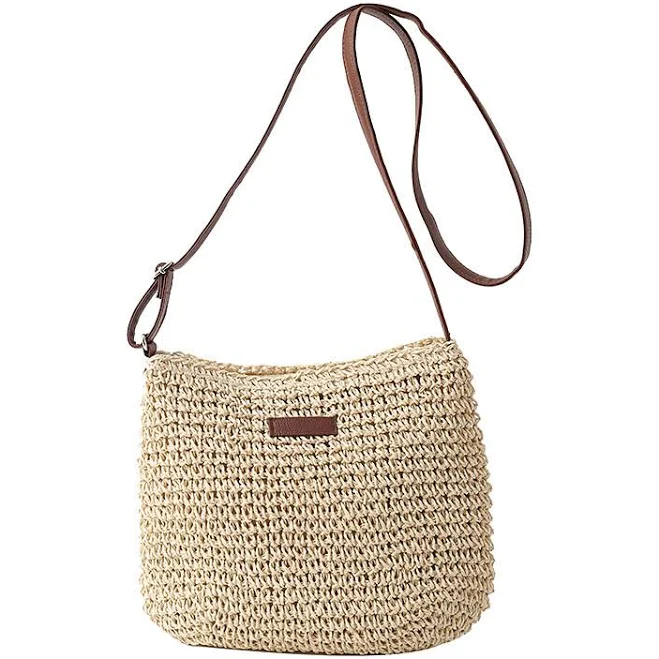 Women's Boho Natural Woven Straw Crossbody Bag with Brown Leather Strap