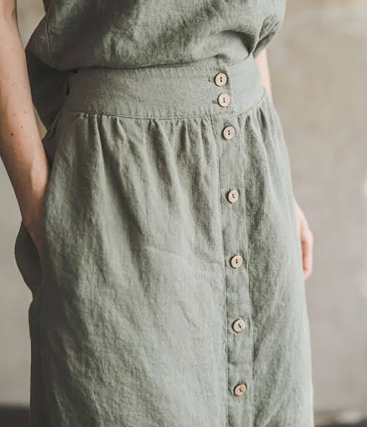 Linen Button Front Midi Skirt