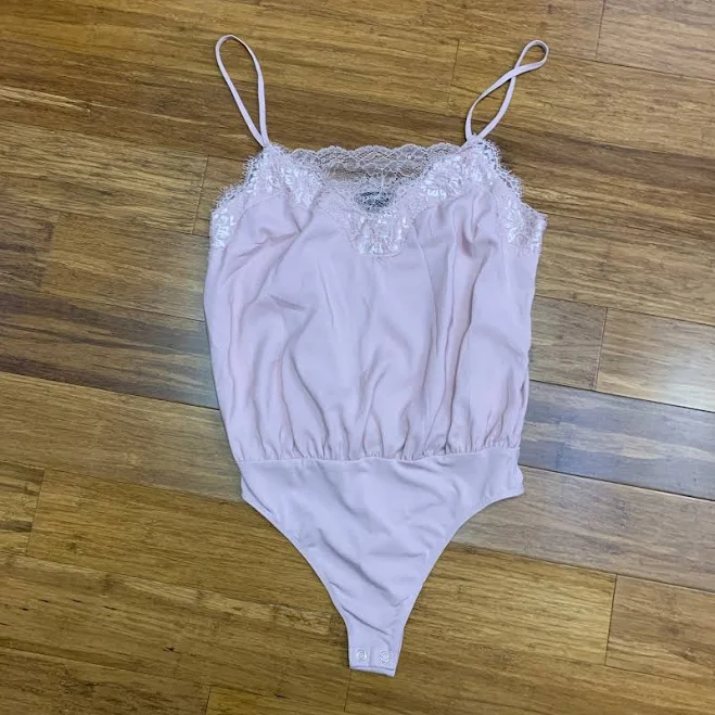 Express Lace Trim Cami Bodysuit Pink Adjustable Straps Snap Closure