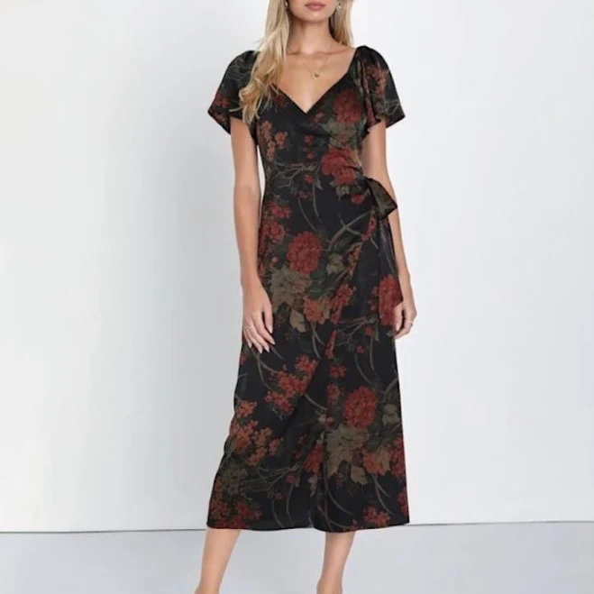 Lulus Floral Print Faux Wrap Midi Dress