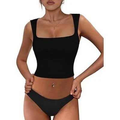 Zeagoo Women's Square Neck Sleeveless Crop Tops Trendy Basic Ribbed Tank Tops-Black-L