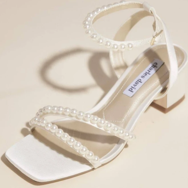 Charles By Charles David Pearl Strap Satin Low Block Heel Sandals in Soft White | Size: 9 | David's Bridal