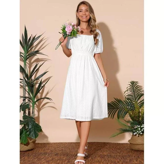 Puff Sleeve A-Line Eyelet Midi Dress