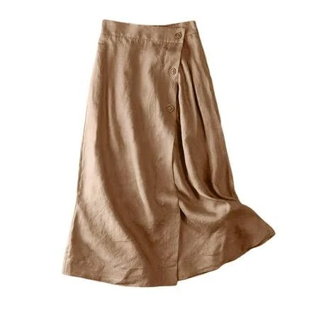 Women's Linen Button Front Elastic High Waist Midi Skirt