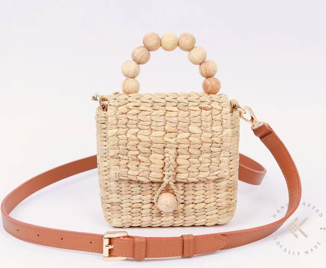 Mini Straw Crossbody Bag with Bamboo Beads