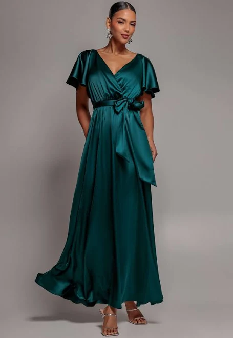 Goddiva Flutter Sleeve Satin Maxi Dress
